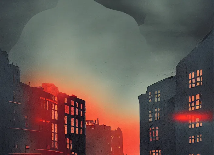 Image similar to editorial illustration by Karolis Strautniekas and Mads Berg, colorful, city of the lost,sky on fire,black moon, fine texture, detailed, matte colors, film noir, dramatic lighting, dynamic composition, moody, vivid, volumetric