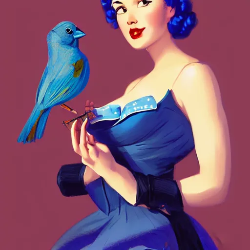 Image similar to pinup girl holding an indigo bunting, bird, the bird is wearing a crown and bowtie by greg rutkowski, rossdraws, gil elvgren, enoch bolles, anime, very coherent