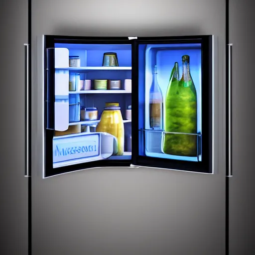 Image similar to A refrigerator is a portal to another world, masterpiece digital painting, 3d render, hyperrealist, stunning volumetric lighting, sharp focus, octane render, hyperdetailed