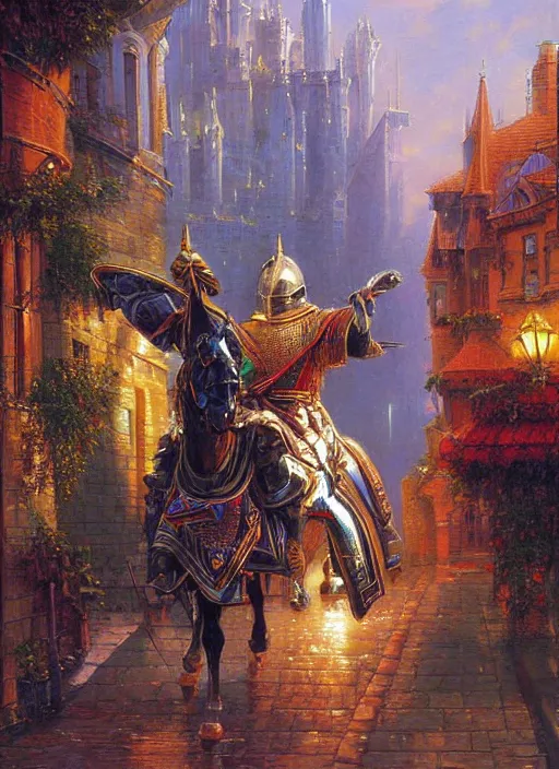 Prompt: knight, city, painting, tonal colors, polychromatic - colors, essence, divine, by richard doyle, by robert hagan, by tim hildebrandt