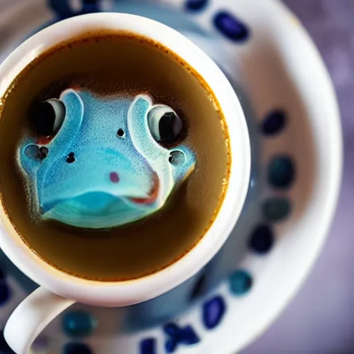 Prompt: little cute sea monster in my morning coffee, close-up photograph, award winning