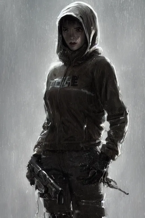 Prompt: A portrait of a women wearing a techwear hoody by Greg Rutkowski, Sung Choi, Mitchell Mohrhauser, Maciej Kuciara, Johnson Ting, Maxim Verehin, Peter Konig, Resident evil , 8k photorealistic, cinematic lighting, HD, high details, dramatic, atmospheric , trending on artstation