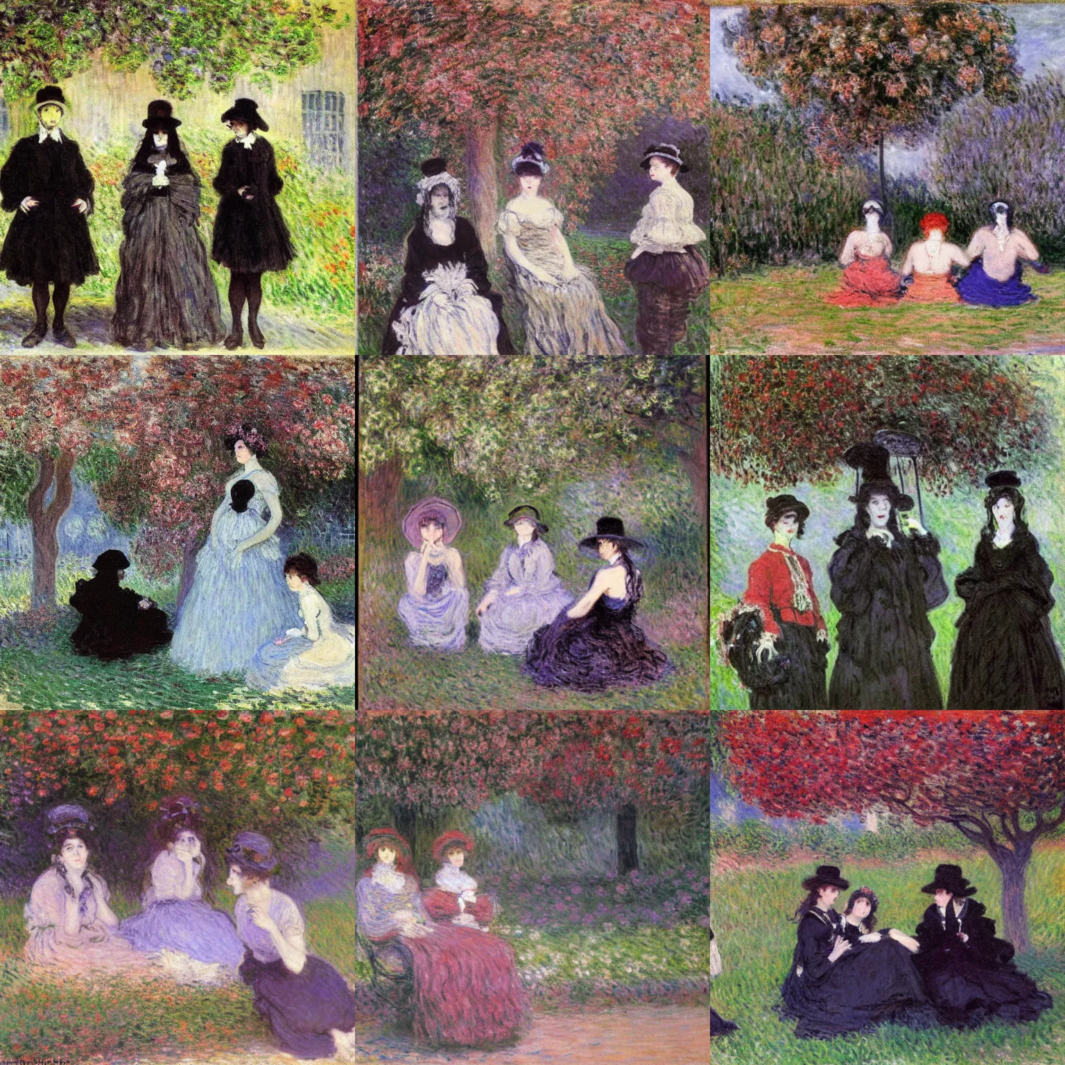 Prompt: hd art by claude monet. three goths loitering in the shade, talking beneath a cherry tree outside a blockbuster video store.