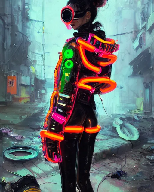 Prompt: detailed portrait neon guard girl with goggles seen from the back, cyberpunk futuristic, reflective puffer jacket, black leggings, decorated with traditional ornaments in front of a dystopian street with piles of garbage by ismail inceoglu dragan bibin hans thoma, perfect face, fine details, realistic shaded, fine - face, pretty face
