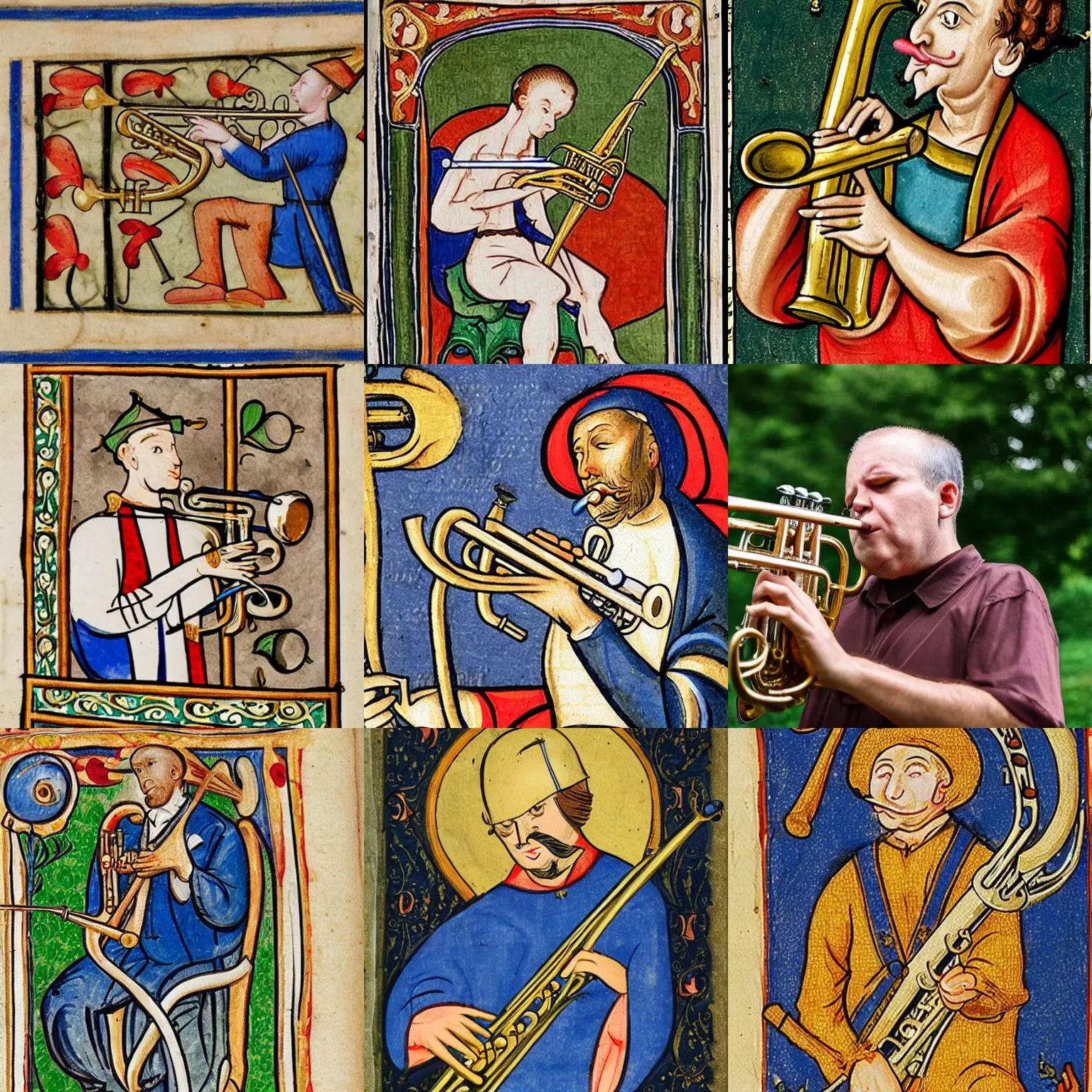 Prompt: a trumpet player from an illuminated manuscript playing the trumpet the wrong way