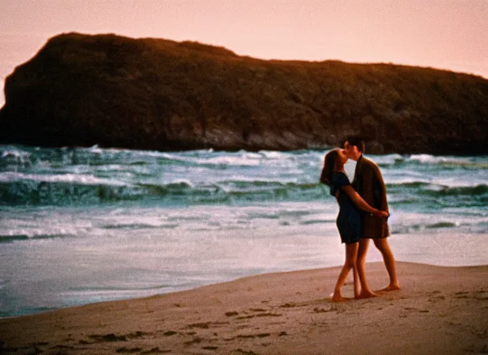 Prompt: A film photography of a couple kissing from movie Here to Eternity, laying on secluded beach. by William Egglestone. Cinematic. Golden Hour. Kodak Portra 400. Lens flare. 50mm lens
