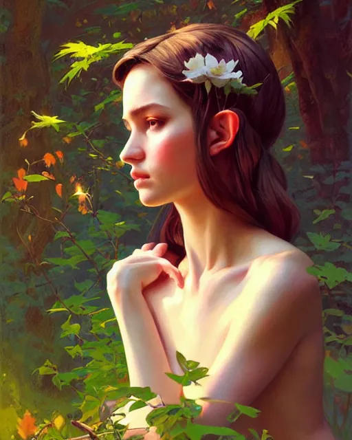 Prompt: stylized portrait of an artistic pose, composition, young elf nymph surrounded by nature, realistic shaded, fine details, realistic shaded lighting poster by ilya kuvshinov, magali villeneuve, artgerm, jeremy lipkin and michael garmash and rob rey