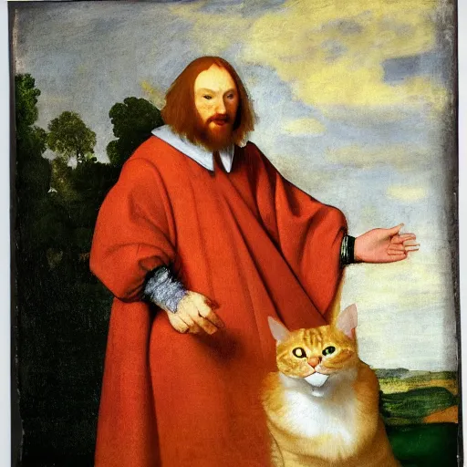 Prompt: a portrait painting of one male orange humanoid tabby cat with green eyes in male aristocratic robes made of red velvet and golden robes, he is smiling and holding flowers, a meadow background, Rembrandt, Caravaggio, Artemisia Gentileschi, Johannes Vermeer, Peter Paul Rubens, Caspar David Friedrich, Gustave Courbet, Antonio Canova, William-Adolphe Bouguereau, Antoine-Jean Gr