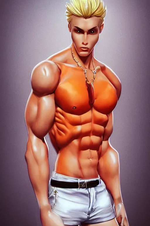 Image similar to a handsome man with blonde hair, ken doll, muscular, wearing a cut-off white top and short light orange shorts, stands by a swimming pool, facing forward, in the style of artgerm and moebius and annie liebovitz, photorealistic, highly detailed, trending on artstation