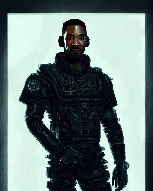 Image similar to a full length portrait of cyberpunk will smith, grim - lighting, high - contrast, intricate, elegant, highly detailed, digital painting, artstation, concept art, smooth, sharp focus, illustration