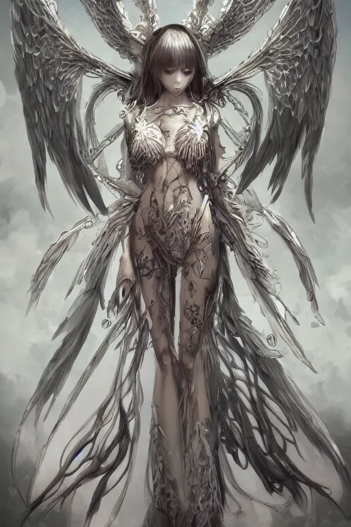 Image similar to beautiful demon anime maiden with angelic wings, intricate, elegant, highly detailed, artstation, concept art, illustration, art by Yoshitaka Amano