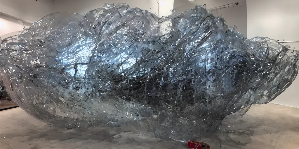 Prompt: a photo of a large abstract contemporary sculpture, translucent plastic and shiny metal, found materials, ultra realistic, highly detailed