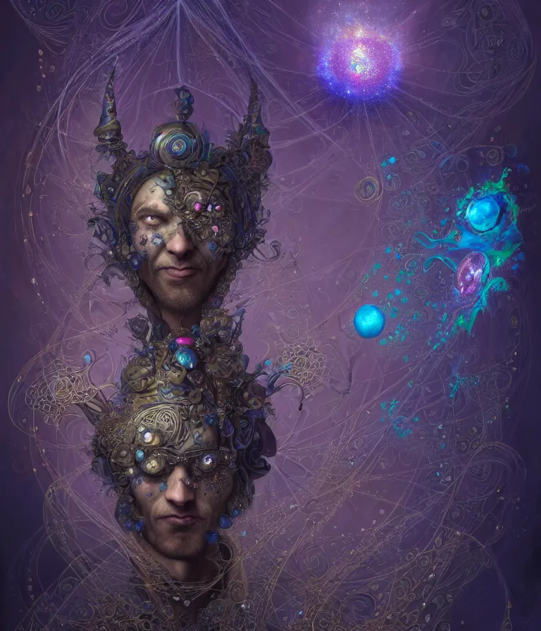 Image similar to front!!! shot of a court jester!!! character, mesmerizing fractal hypercubes, dark holography!!!, future, oil slick nebula, crystalline edges, (((intricate))), elegant, highly detailed, centered, (((artstation, concept art, smooth, sharp focus, artgerm, Tomasz Alen Kopera, Peter Mohrbacher, donato giancola, Joseph Christian Leyendecker, WLOP, Boris Vallejo))), ((raytracing)), mugshot!!!!!, ugly!!!!!!, octane render, nvidia raytracing demo, octane render, nvidia raytracing demo, octane render, nvidia raytracing demo, grainy, muted, 8K, digitalblasphemy, metatron