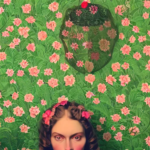 Image similar to a lot of flowers patterns morphing in a beautiful girls face, baroque wallpaper, film still by wes anderson, depicted by balthus, limited color palette, very intricate, art nouveau, highly detailed, lights by hopper, soft pastel colors, minimalist