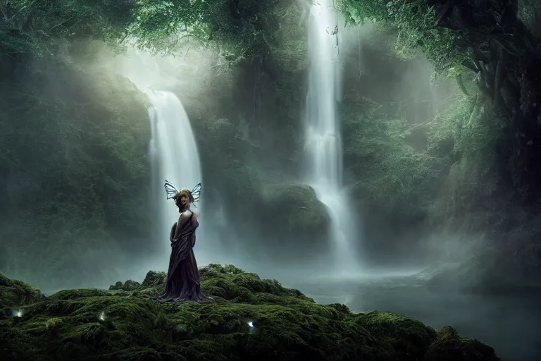 Prompt: an ultra realistic, cinematic, fantasy portrait, of an elden ring elf, fairy lights, facial features, background of a vast serene landscape, with trees and waterfalls, detailed, deep focus, movie still, dramatic lighting, ray tracing, by michal karcz and yoshitaka amano