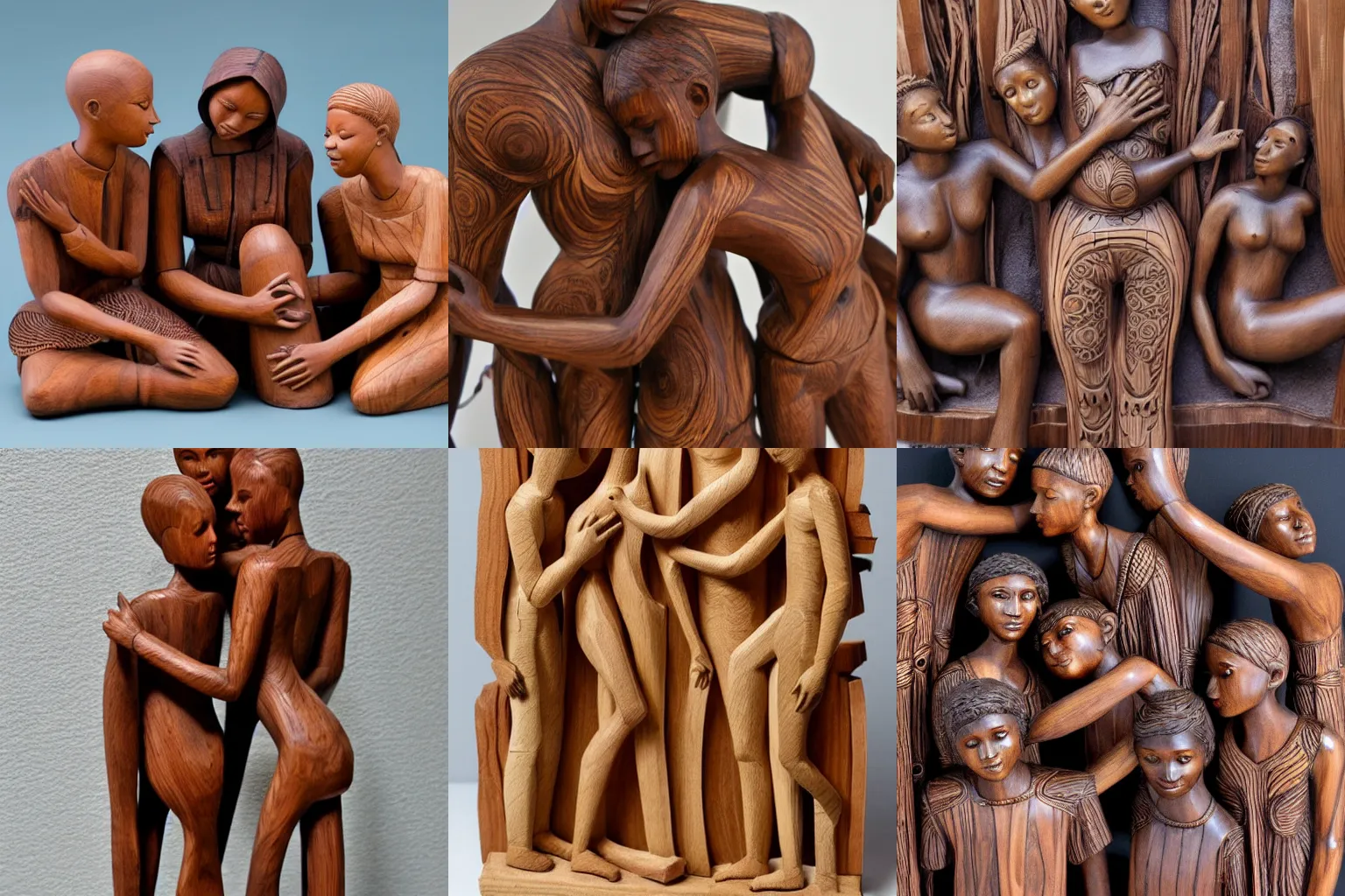 Prompt: intricate wood sculpture of beautiful androgynous polygamous racially diverse people caressing