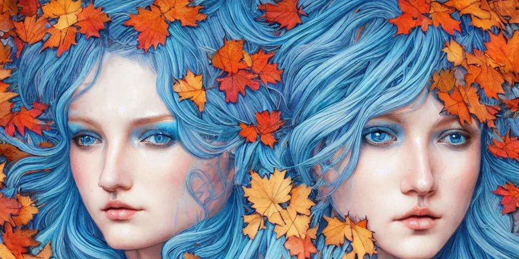 Prompt: breathtaking detailed concept art painting pattern with pastel colors of blue hair faces goddesses amalgamation autumn leaves, by james jean, bizarre compositions, exquisite detail, 8 k