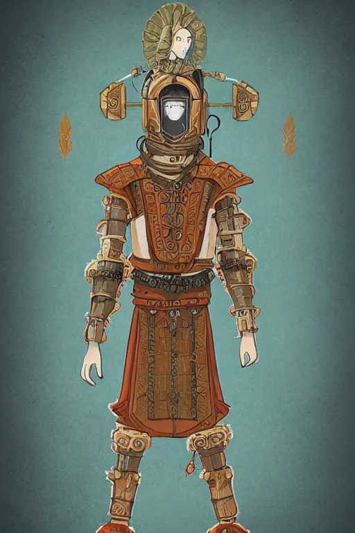 Image similar to beautiful calm bright ai generated fullbody character illustration of a medieval timetraveller highpriest in ornated wooden armor and decorated sacred outfit and heavily equipped with steampunk cyberwares. rendered by machine.delusions. inspired by: @machine.delusions on instagram. Slightly reminds to ghibli studio style. Fullbody portrait uncut centered cinematic, dramatic pose