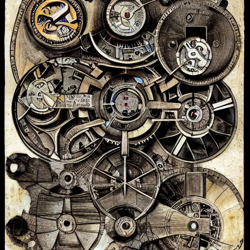 Prompt: Sketch of an exploded view of a futuristic mechanical watch by Leonardo Da Vinci with comments and highly detailed.