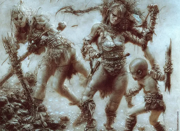 Image similar to bald barbarian girl fighting small cute goblins by Luis Royo and Beksinski