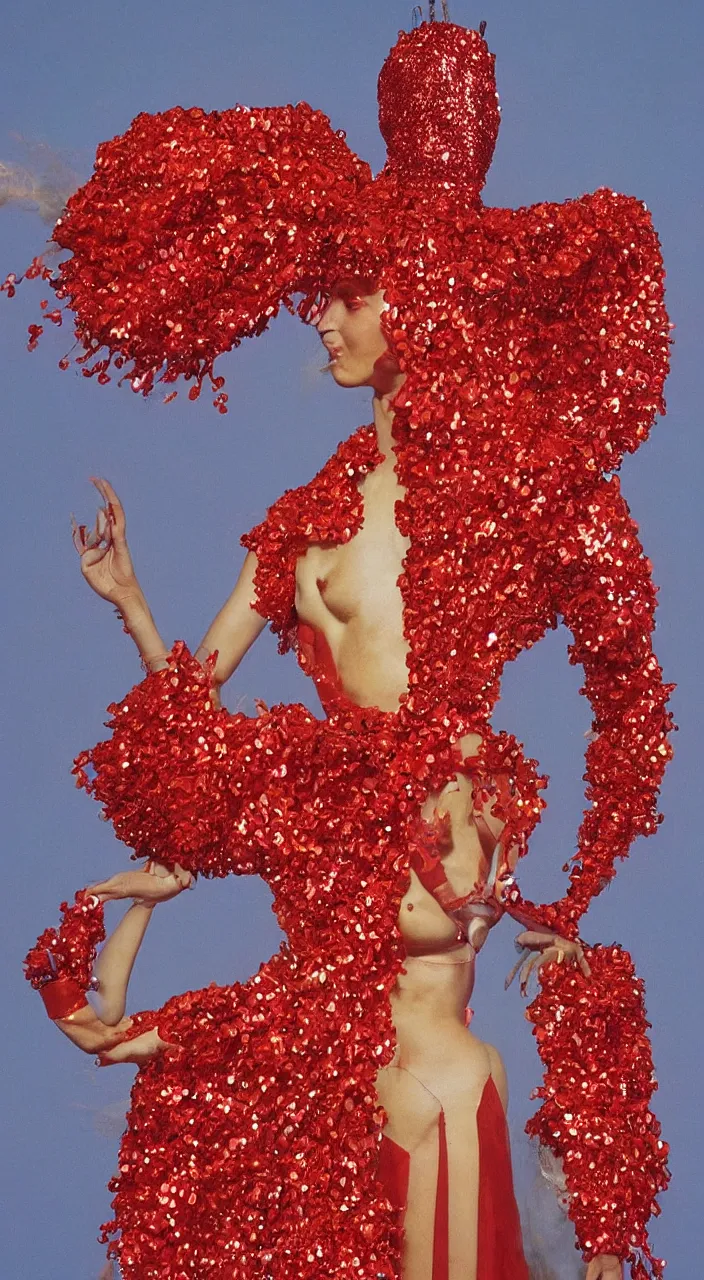 Image similar to a full - body female character design wearing a red sequined bodysuit, beads hanging over her face like an alexander mcqueen headdress, costume by eiko ishioka, haute couture by moebius, steven outram, colorful and psychedelic