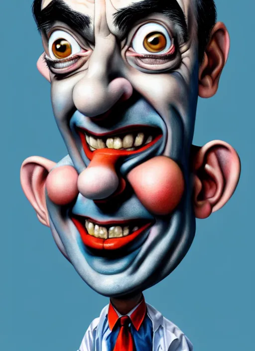 Image similar to highly detailed caricature portrait of mr bean with clown makeup by ross tran, by greg rutkowski, brush strokes, 4 k resolution, light blue pastel background