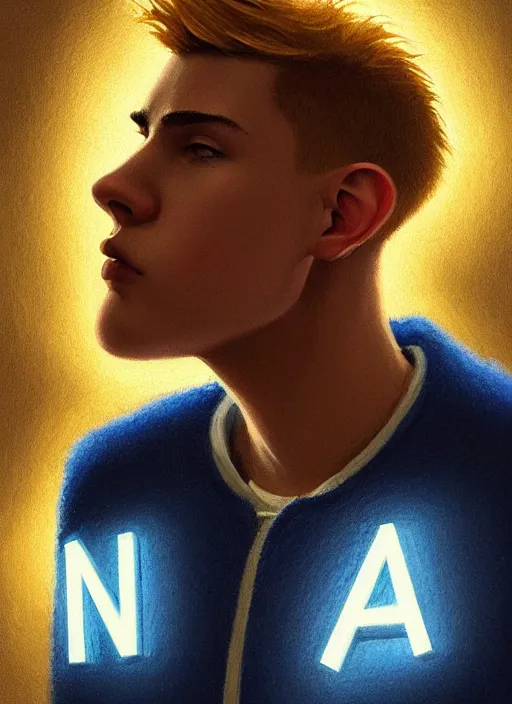 Image similar to portrait of high school senior boy named big moose, blonde short hair, jock, beefy, wide face, square jaw, square facial structure, blue varsity jacket with letter r, intricate, elegant, glowing lights, highly detailed, digital painting, artstation, concept art, sharp focus, illustration, art by wlop, mars ravelo and greg rutkowski