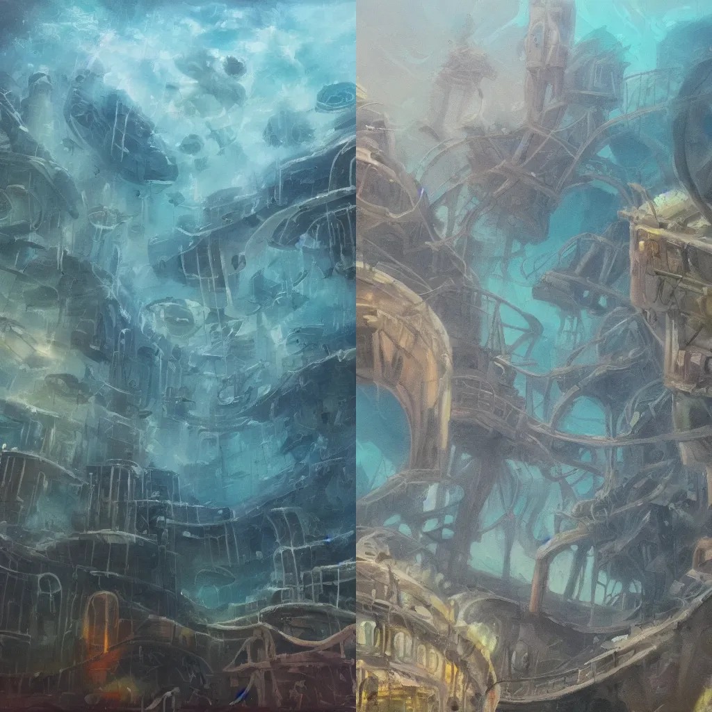 Prompt: an underwater city with a failing force field, oil painting, somber colors