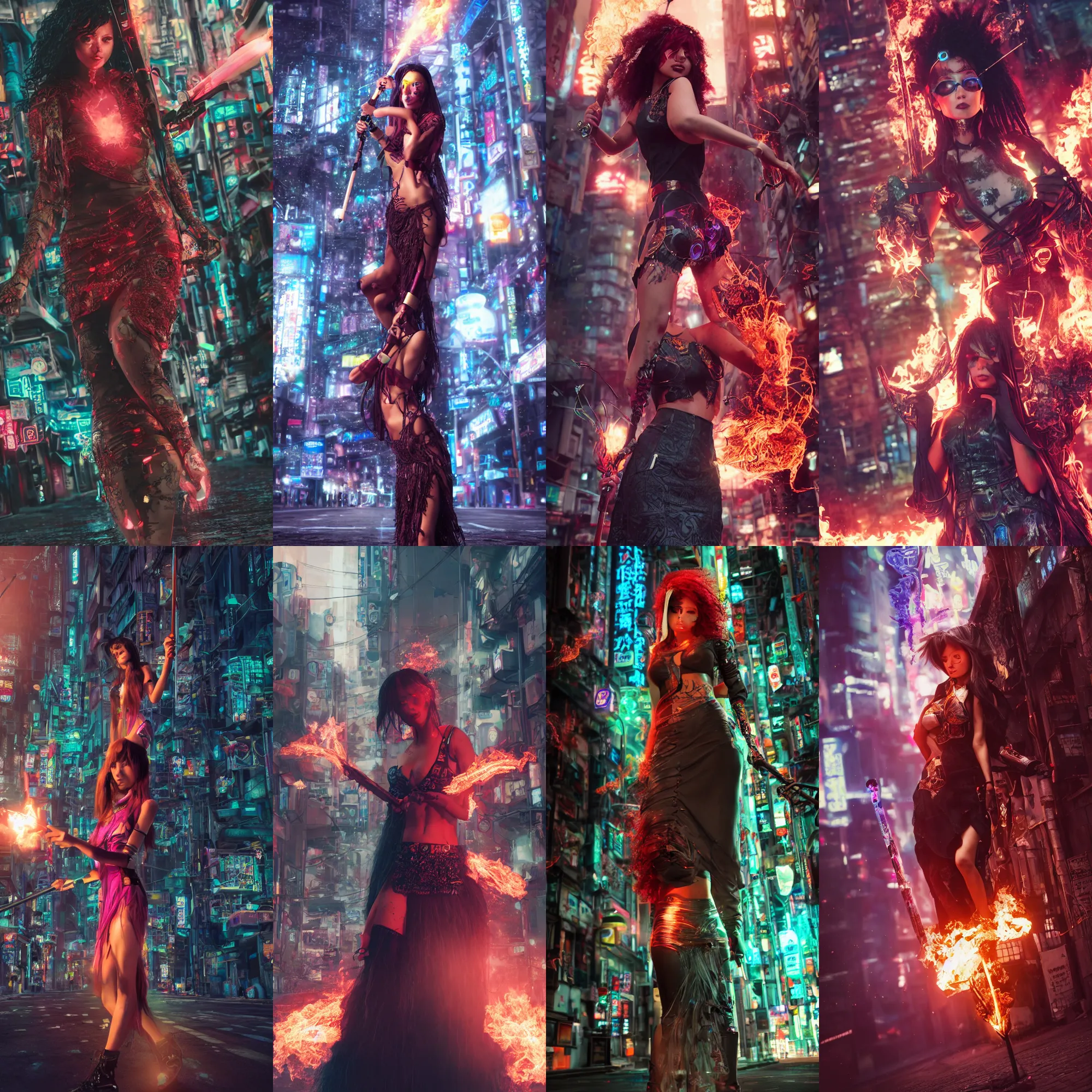 Prompt: a gorgeous latin woman, colorful plasma hairs, holding a staff, wearing apocalyptic skirt, cyberpunk city tokyo street, casting a fire spell, intricate details illustration, by barbucci, d & d, cinematic, hyperrealism, elegant, vfx, octane render, 8 k