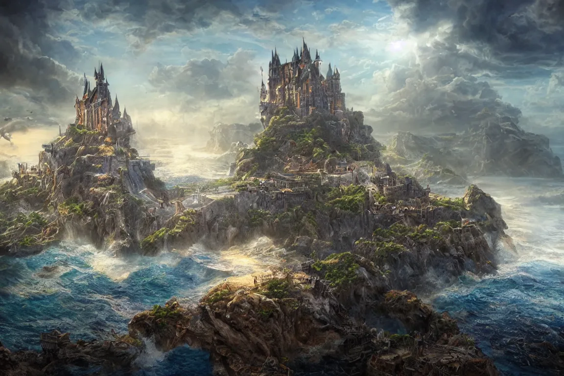 Image similar to an epic fantastic realism painting of a castle city being devoured by the ocean's beasts, 8 k, ultra realistic, lens flare, atmosphere, glow, detailed, intricate, full of colour, cinematic lighting, trending on artstation, 4 k, hyperrealistic, focused, extreme details, unreal engine 5, cinematic, masterpiece