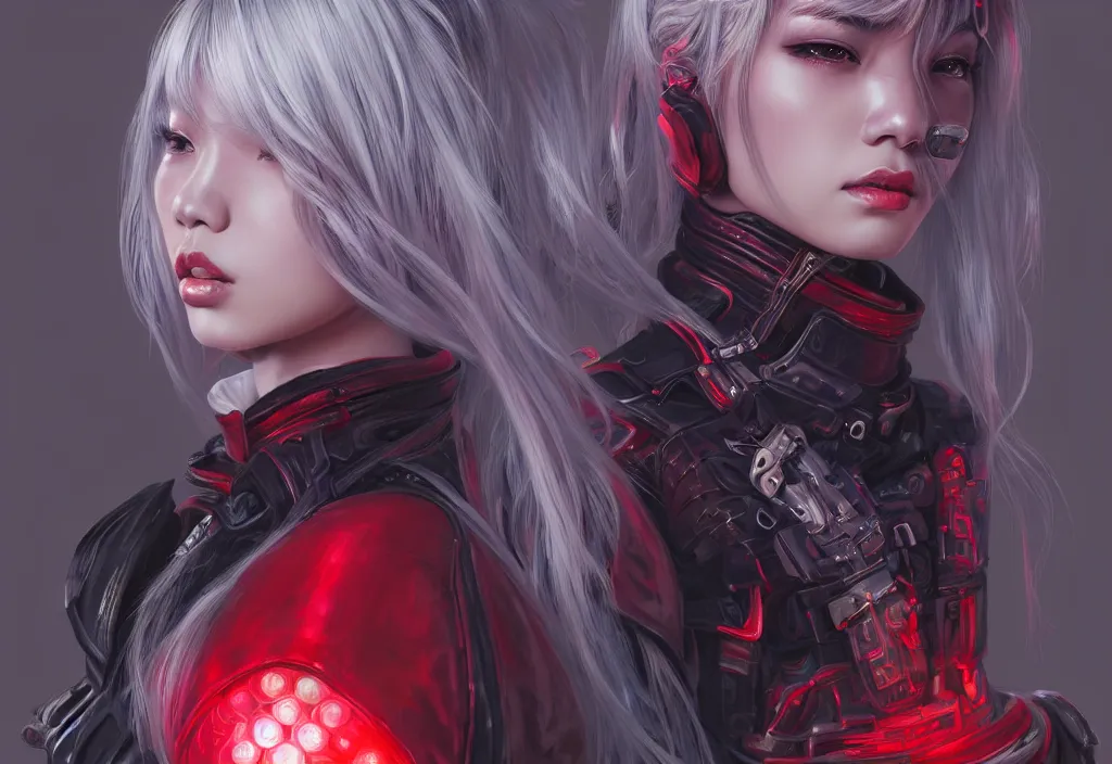 Image similar to portrait devine medium grey hair of futuristic police girl, lisa blackpink wearings red armored uniform, at futuristic cyberpunk tokyo night, ssci - fi and fantasy, intricate and very very very beautiful, highly detailed, digital painting, artstation, concept art, smooth and sharp focus, illustration, art by tian zi and wlop and alphonse mucha