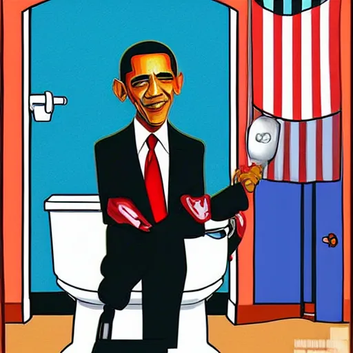 Prompt: obama the plumber, fixing a toilet, in the style of dave macdowell