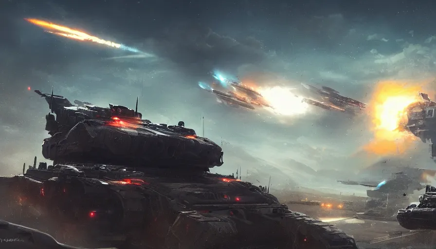 Prompt: humongous tanks shooting at alien spacecraft at night, explosion in the sky and on the ground, hyperdetailed, artstation, cgsociety, 8 k