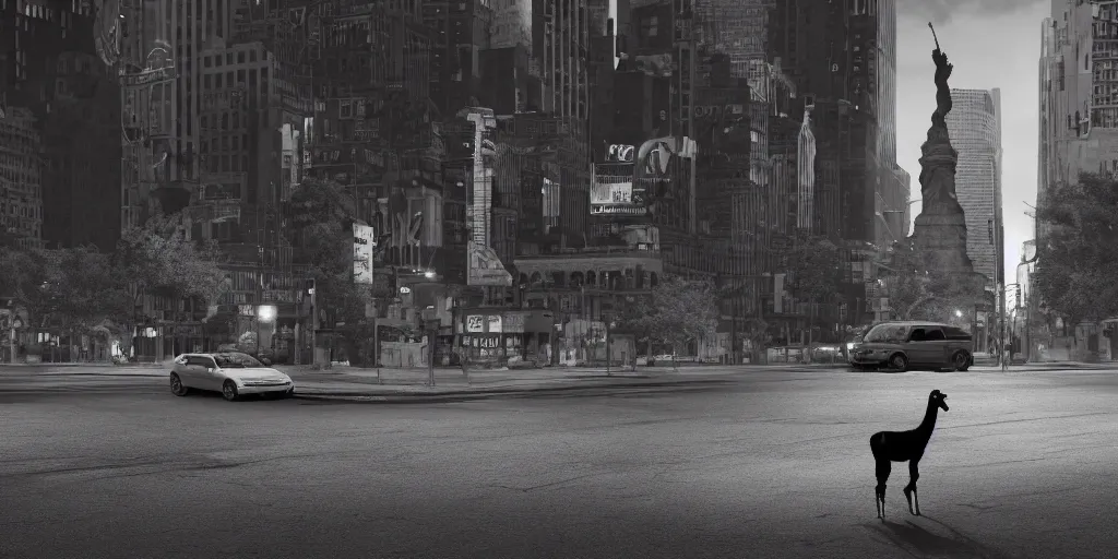 Image similar to a llama walking through a desolate manhattan city street at night, statue of liberty seen in the background, realistic 4 k octane beautifully detailed render, 4 k post - processing, highly detailed, detailed face, intricate complexity, epic composition, magical atmosphere, cinematic lighting, masterpiece, ultra hd