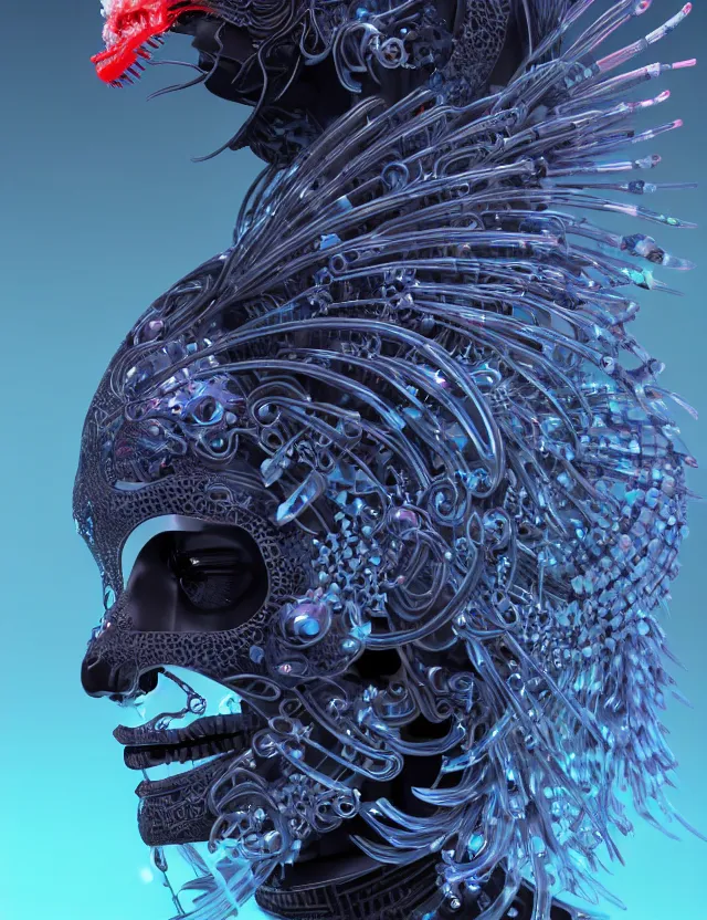 Prompt: 3 d goddess close - up profile simple portrait cybernetic with skull. beautiful intricately detailed japanese crow kitsune mask and clasical japanese kimono. betta fish, jellyfish phoenix, bio luminescent, plasma, ice, water, wind, creature, artwork by tooth wu and wlop and beeple and greg rutkowski