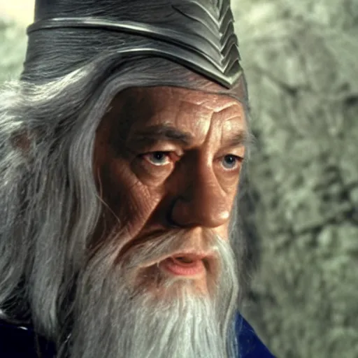 Image similar to A still of Gandalf as Captain Kirk on Star Trek, sharp focus, high quality, 4k