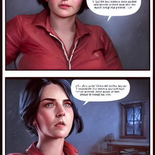 Prompt: portrait of a brunette chubby woman with blue eyes in fallout 4, light stubble with red shirt inside victorian mansion ,digital art,photorealistoc,art by greg rutkowski,hyperdetailed,western comic style,comic,comic style,sharp lineart,professional lighting,deviantart,artstation,trevor henderson,rossdtaws,cinematic,dramatic
