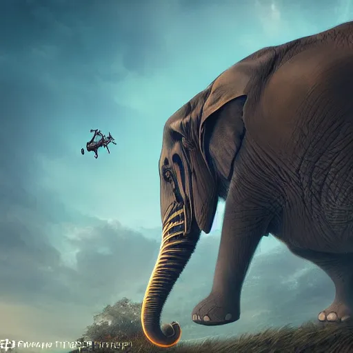 Image similar to tiger elephant flying through the skies, hyper detailed, digital art, trending in artstation, cinematic lighting, studio quality, smooth render, unreal engine 5 rendered, octane rendered, art style by klimt and nixeu and ian sprigger and wlop and krenz cushart