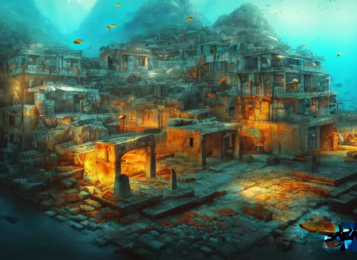 Image similar to ancient ruins favela, underwater environment, scenery, professional, award - winning, trending on artstation, hyper detailed, realistic, beautiful, emotional, shiny, golden, picture