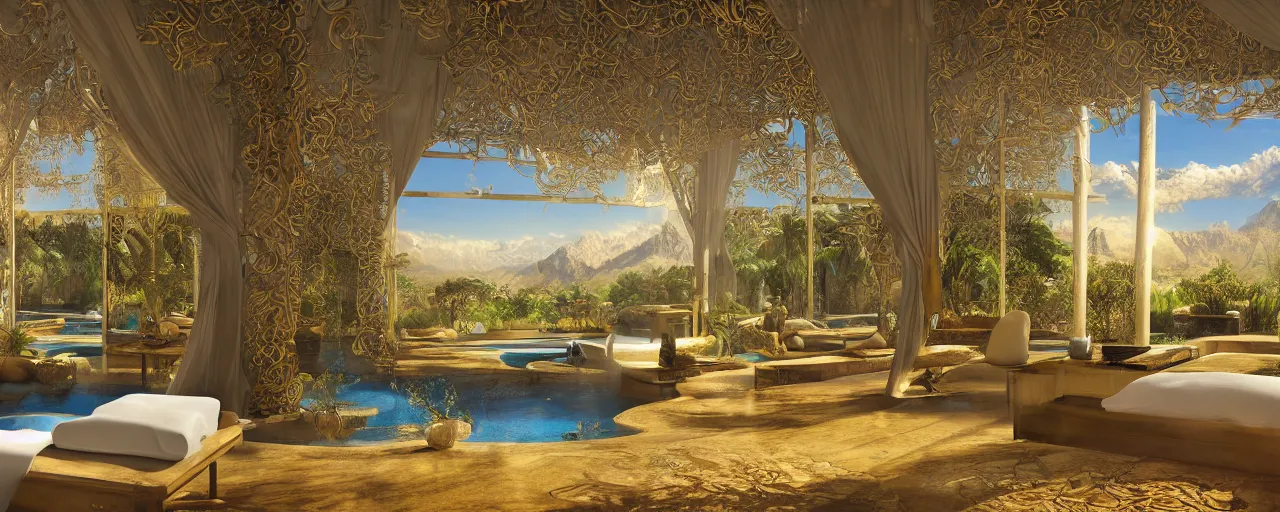 Image similar to surreal hyper luxury spa with intricate golden details with view to arid mountains and palm forest, ultra detailed, photorealism, sharp focus, volumetric light, global illumination