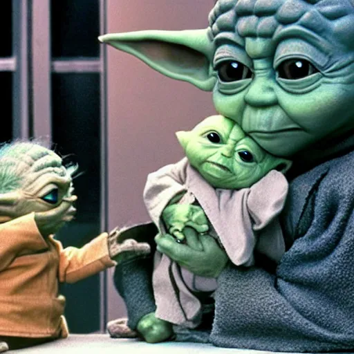 Prompt: baby yoda and yoda from empire strikes back playing with toys