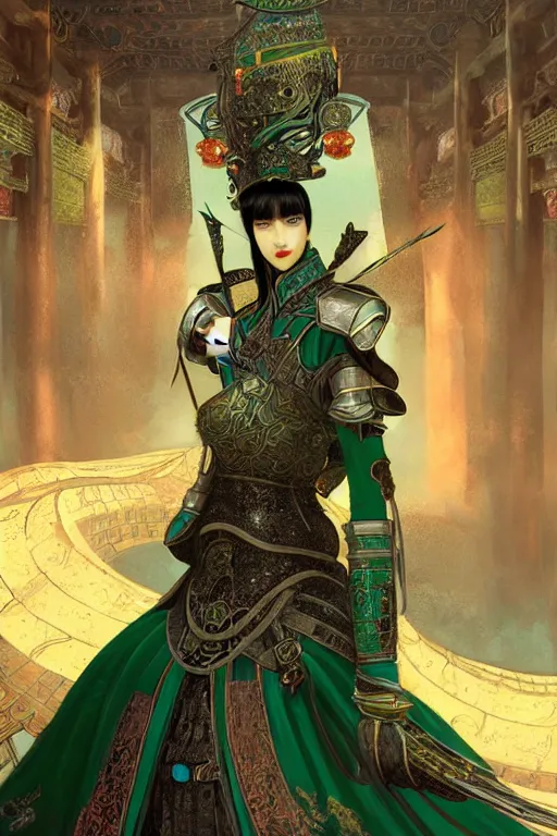 Image similar to portrait black hair young knights of Dynasty Warriors girl, metallic green armor, in ruin fire chinese palace sunrise, ssci-fi and fantasy, intricate and very beautiful and elegant, highly detailed, digital painting, soft light, artstation, concept art, smooth and sharp focus, illustration, art by tian zi and WLOP and alphonse mucha