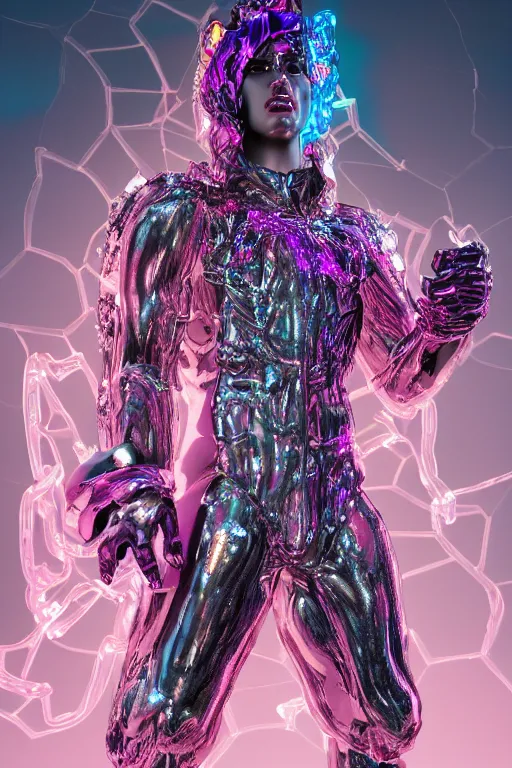 Image similar to hyper detailed ultra sharp fullbody photo of baroque and cyberpunk transparent pink gem sculpture of a muscular seductive young latino feeling muy cachondo, muy dotado, iridescent humanoid deity wearing ed plastic seethrough cloak, holding a rainbow tiger gem, blue diamond, glowing pink face, crown of white diamonds, cinematic lighting, photorealistic, octane render 8 k
