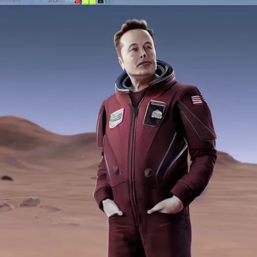 Prompt: elon musk standing on mars without space suit photorealistic facial details atmospheric hair