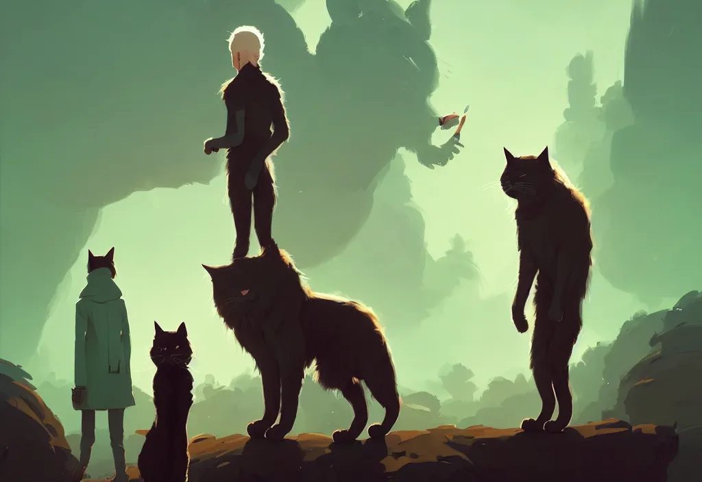 Image similar to portrait of joe biden and giant cat standing together, fantasy, by atey ghailan, by greg rutkowski, by greg tocchini, by james gilleard, by joe gb fenton, dynamic lighting, gradient light green, brown, blonde cream, salad and white colors in scheme, grunge aesthetic