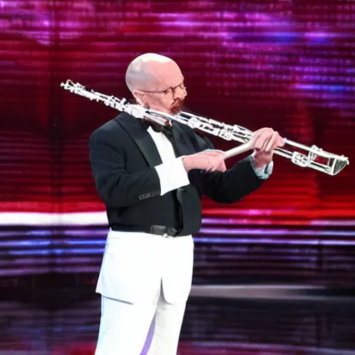 Image similar to walter white playing the flute on america's got talent