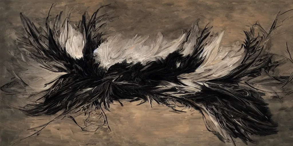 Prompt: a detailed painting of a black swan, mixed with leafs, dark atmosphere. vr painting. 3 d oil brush strokes. by francescp hayw, jenny saville, nicola samori and james jean. dynamic lighting, dramatic lighting. masterpiece