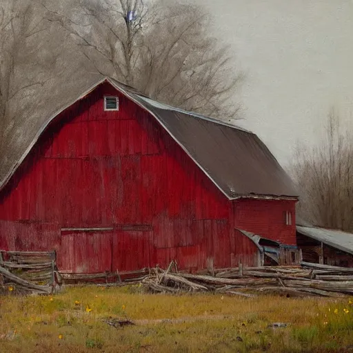 Image similar to Richard Schmid and Jeremy Lipking full length portrait painting of an old and worn red barn