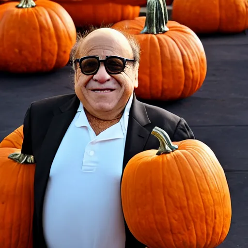 Image similar to photograph of danny devito wearing pumpkin costume, full - body pumpkin costume, 4 k