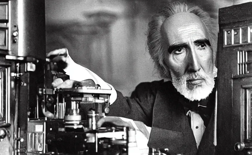 Prompt: movie still close-up portrait of Christopher Lee as 19th century inventor working on a 1880s supercomputer in a victorian house, by David Bailey, Cinestill 800t 50mm eastmancolor, heavy grainy picture, very detailed, high quality, 4k, HD criterion, precise texture and facial expression